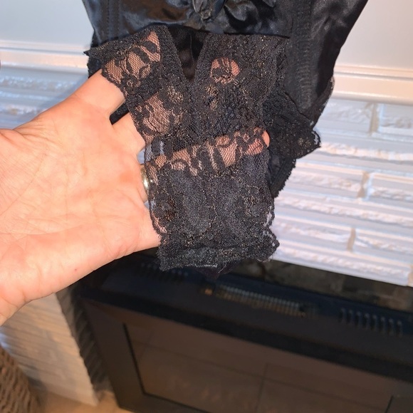Emil Bole Vintage Black Satin and Lace Plunging Bust High Cut Sexy Teddy Large - Picture 2 of 7